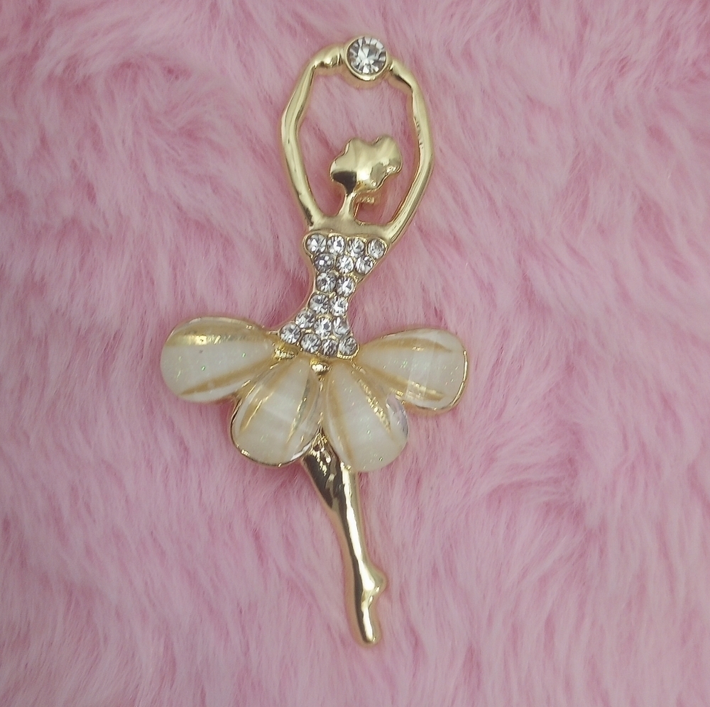 Elegant Golden Rhinestone Ballerina Dancer Brooch Pin